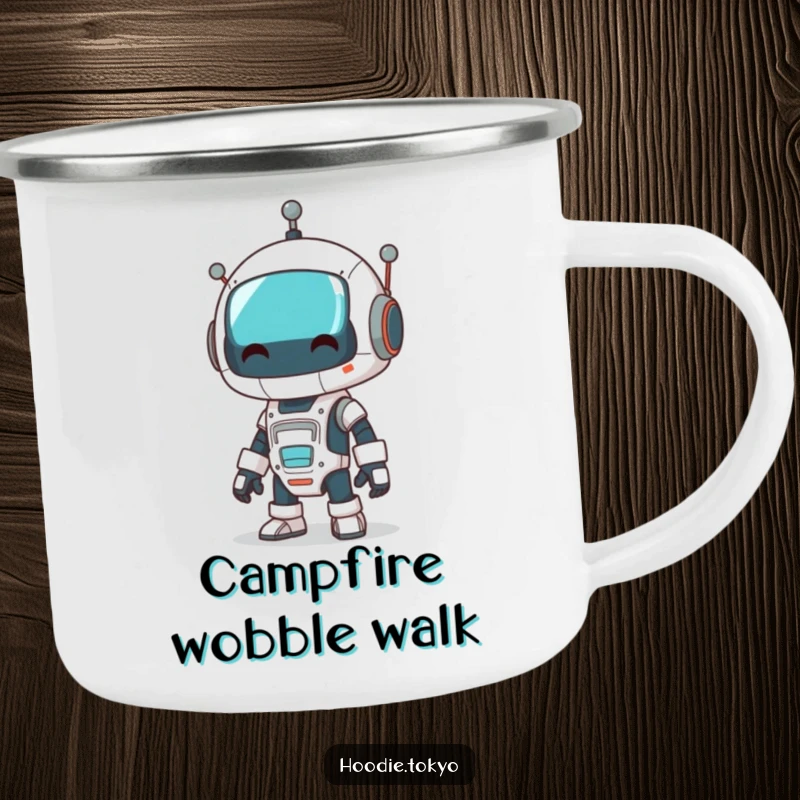 Funny robot camping mug showing a character dressed as a robot doing a comical wobble, ready for outdoor use.