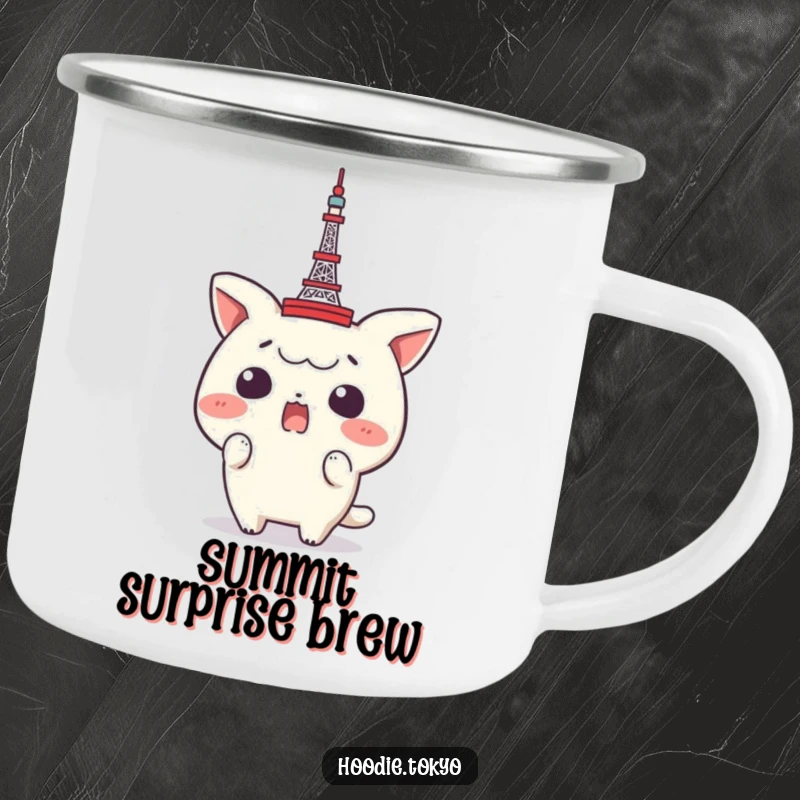 Funny Tokyo Tower Camping Mug: Character looking shocked with a miniature Tokyo Tower on its head, ready for outdoor beverages and laughs.