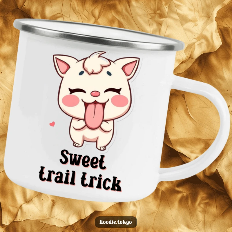 Funny Tongue Out Camping Mug: A mischievous character playfully sticking its tongue out like candy, ready for outdoor drinks and cheeky fun.