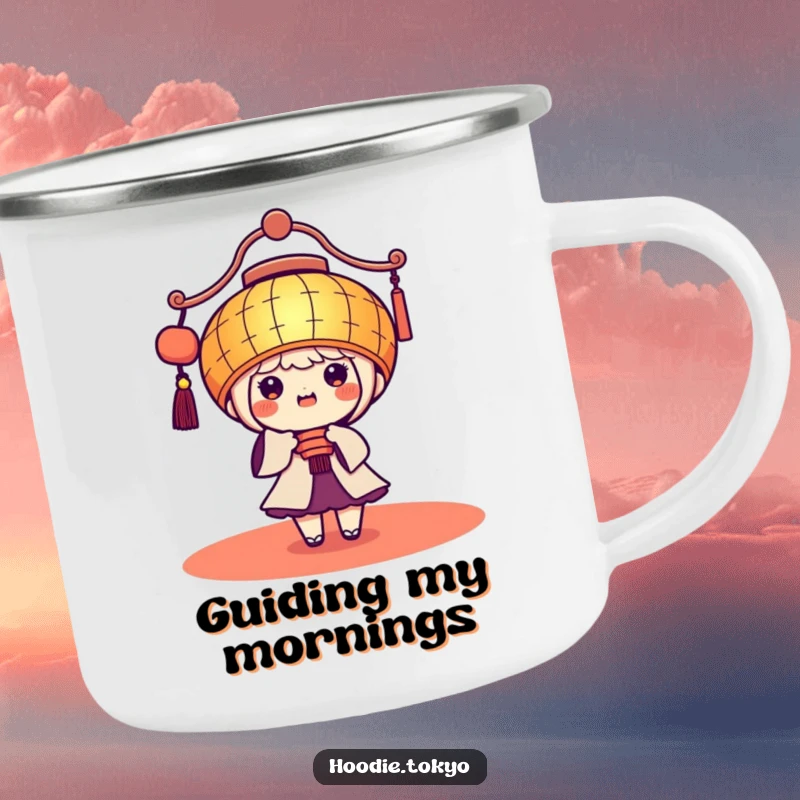 Funny Kawaii Camping Mug: Cute character in a giant festive lantern, beaming brightly, ideal for adventures.