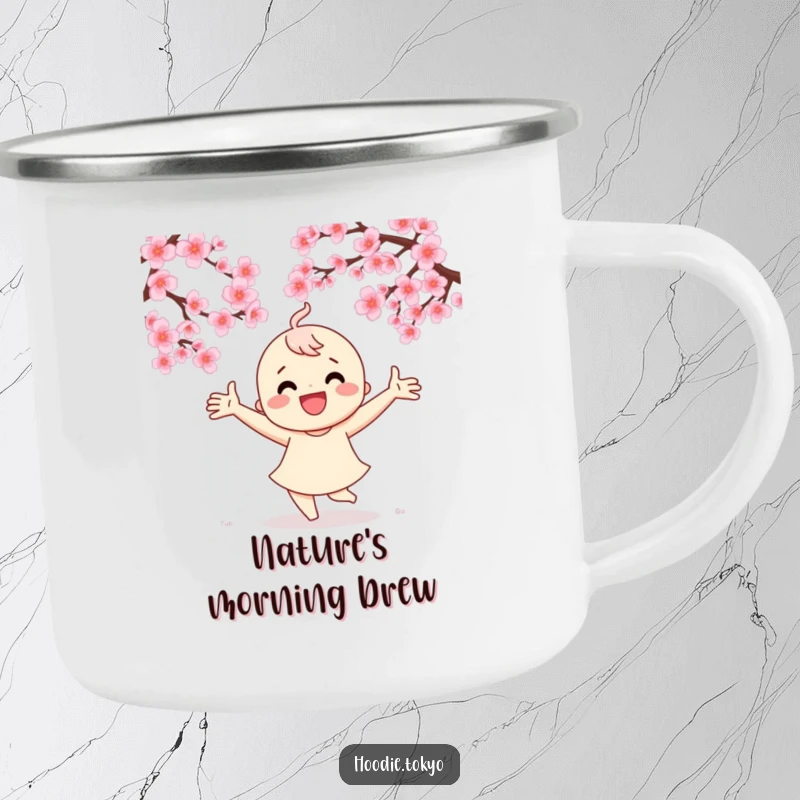 Funny camping mug showcasing a character dancing joyfully under cherry blossoms, perfect for outdoor enthusiasts.