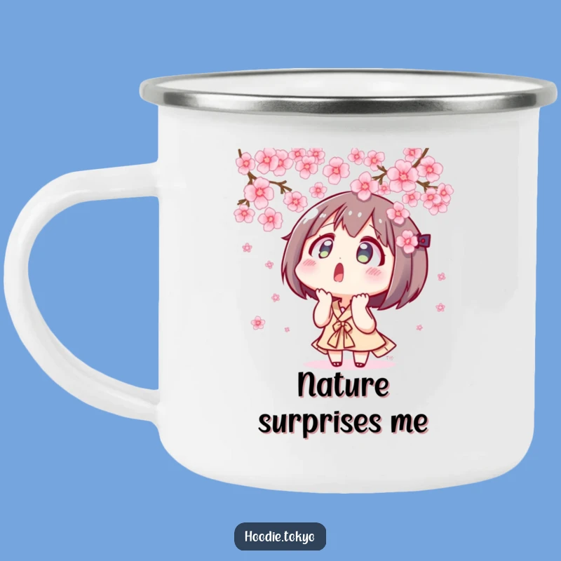 Funny Tokyo Blossom Camping Mug: Outdoor Serenity with Surprised Character - Funny Gift