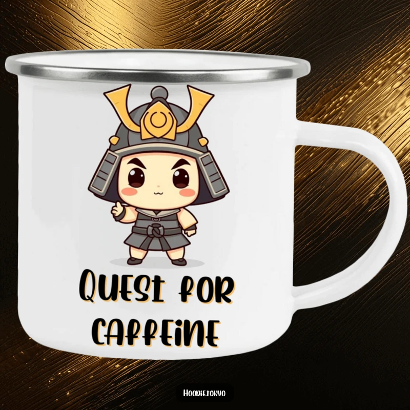 Funny Samurai Camping Mug: An enamel cup featuring a whimsical warrior in a tiny helmet striking a funny pose, perfect for outdoors.