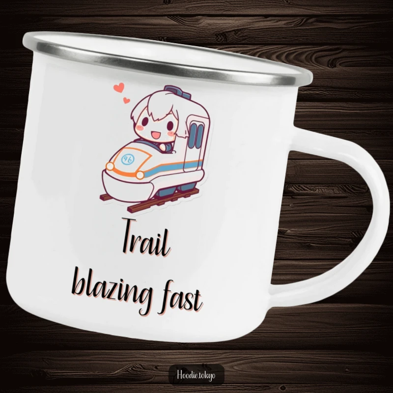 Funny bullet train camping mug showing a determined character joyfully riding a miniature bullet train, ready for outdoor use.