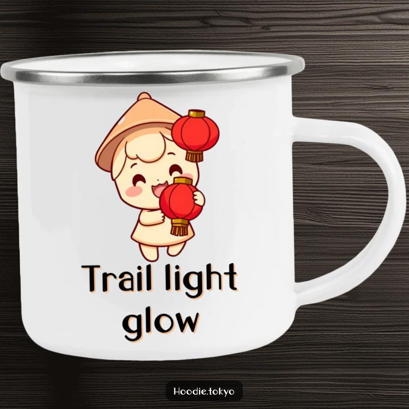 Funny camping mug with a smiling character in a small conical hat holding a bright red lantern, ideal for enjoying beverages outdoors with festive charm.
