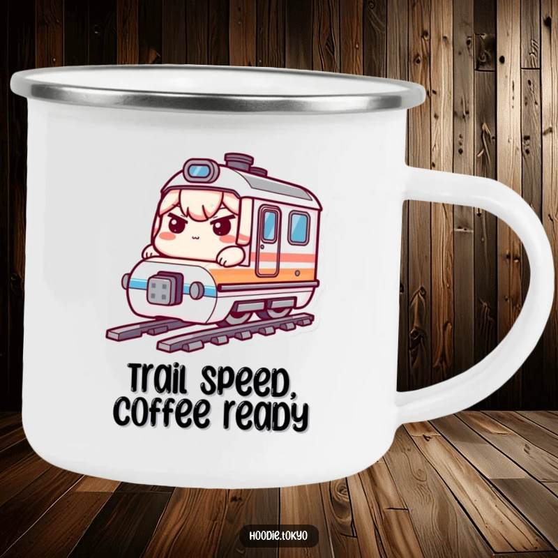 Funny bullet train kawaii camping mug with a determined character on a miniature train, perfect funny gift.