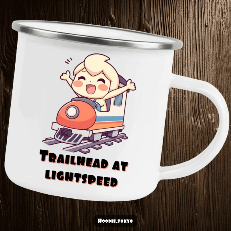 Funny camping mug showing a character joyfully riding a miniature bullet train, perfect for outdoor sipping and smiles.