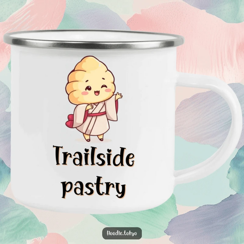 Funny Croissant Kimono Camping Mug: A durable mug with a smiling croissant character in a kimono twirling playfully, perfect for all outdoor excursions.