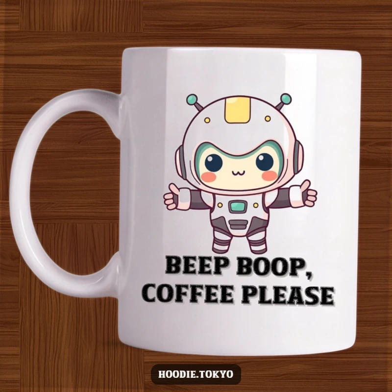 Funny kawaii character in a tiny robot costume, arms outstretched in a welcoming pose, on a coffee mug. Cute and humorous.