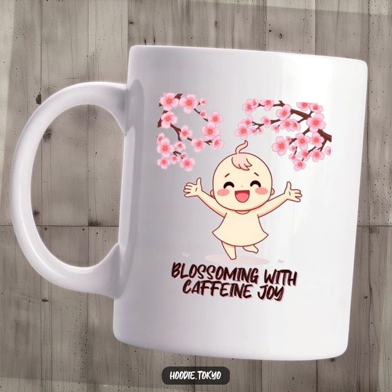 Funny mug with a happy character dancing under cherry blossoms, arms outstretched, embracing spring joy and laughter.