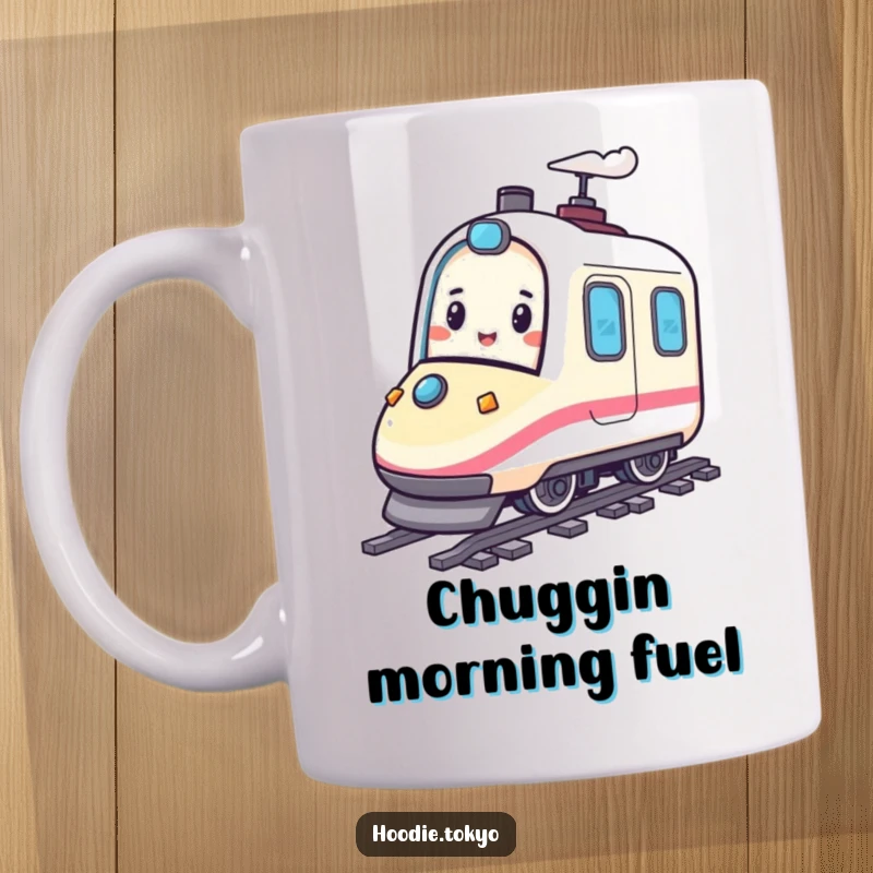 Funny mug showing a happy character joyfully bouncing while riding a miniature bullet train, embodying speed, fun, and playful travel.