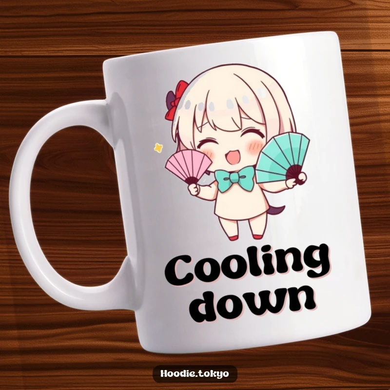 Funny Mug: Character wearing a cute bow tie enthusiastically waves a decorative fan, exuding charm and cool.