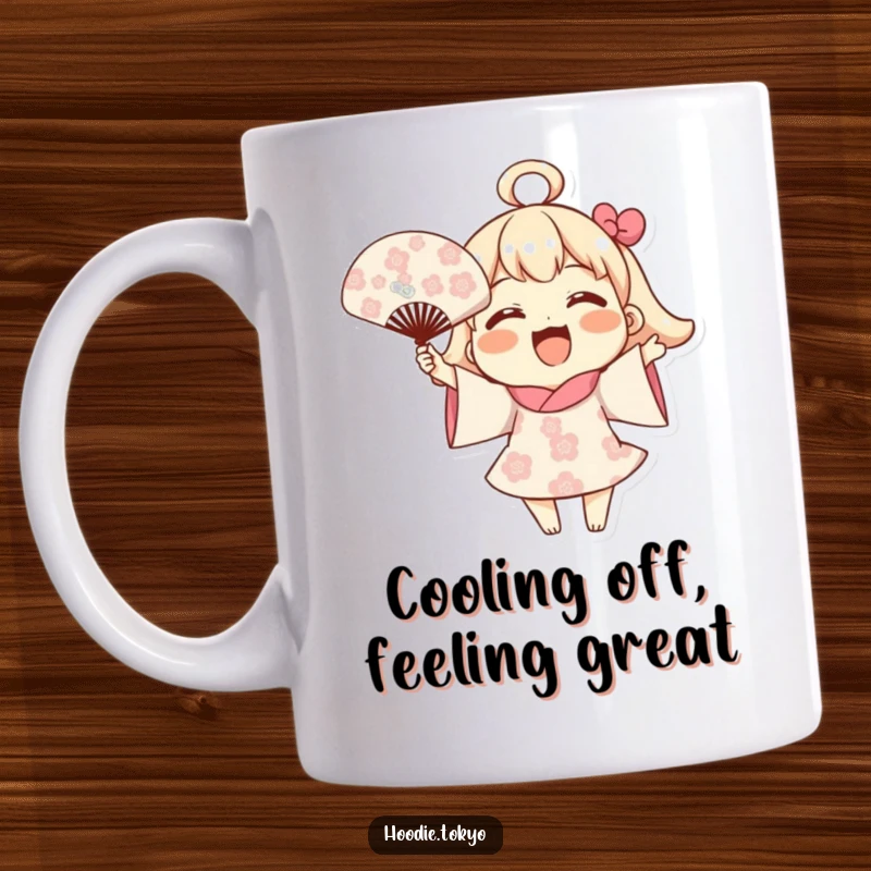 Funny Blooming Fan Mug: A character joyfully waving a fan adorned with blooming flowers, radiating happiness and positive energy.