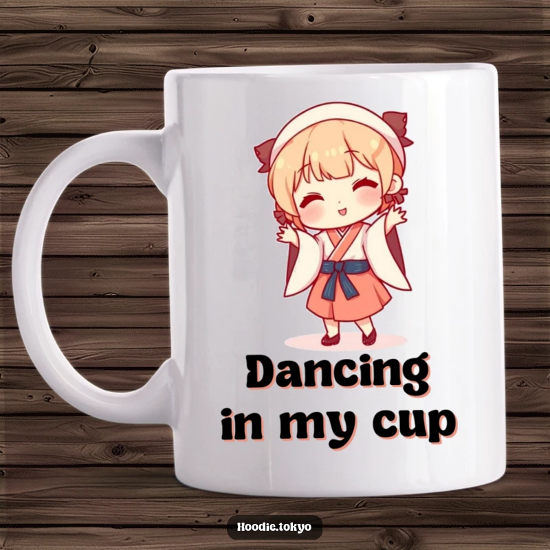 Funny playful character in traditional Japanese attire doing a silly, energetic dance, full of joy and movement.