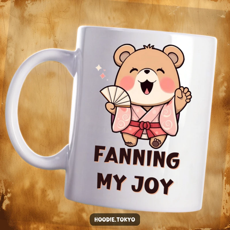 Funny Bear Kimono Mug: A cheerful bear in a kimono waves a fan with excitement, bringing joy and energy. Perfect for gifting.