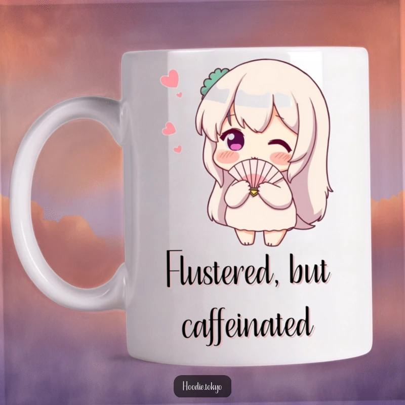 Funny Shy Fan Mug: A blushing character flutters a tiny fan, eyes shyly averted from an imagined admirer.