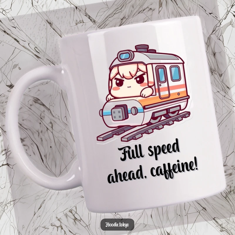 Funny bullet train kawaii mug showing a determined character speeding along, perfect for a funny gift.