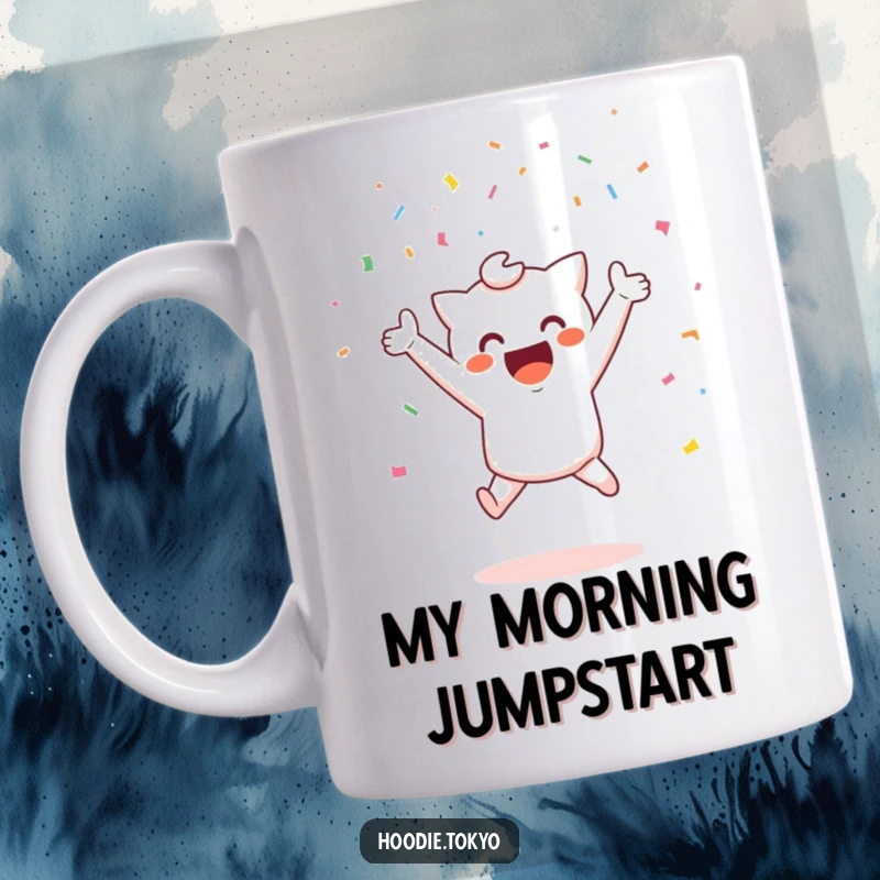 Funny celebration kawaii mug with a cute character joyfully jumping with confetti, perfect funny gift.