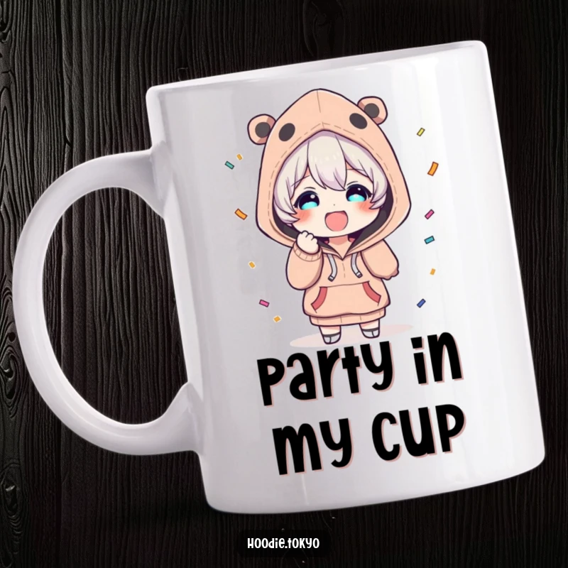 Funny ceramic mug with a character in a unique hoodie, looking delighted while throwing a cascade of colorful confetti.