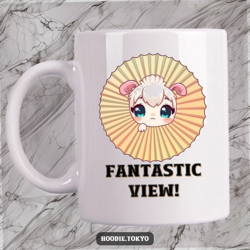 Funny curious character mug, peeking playfully through a large, decorative giant fan.