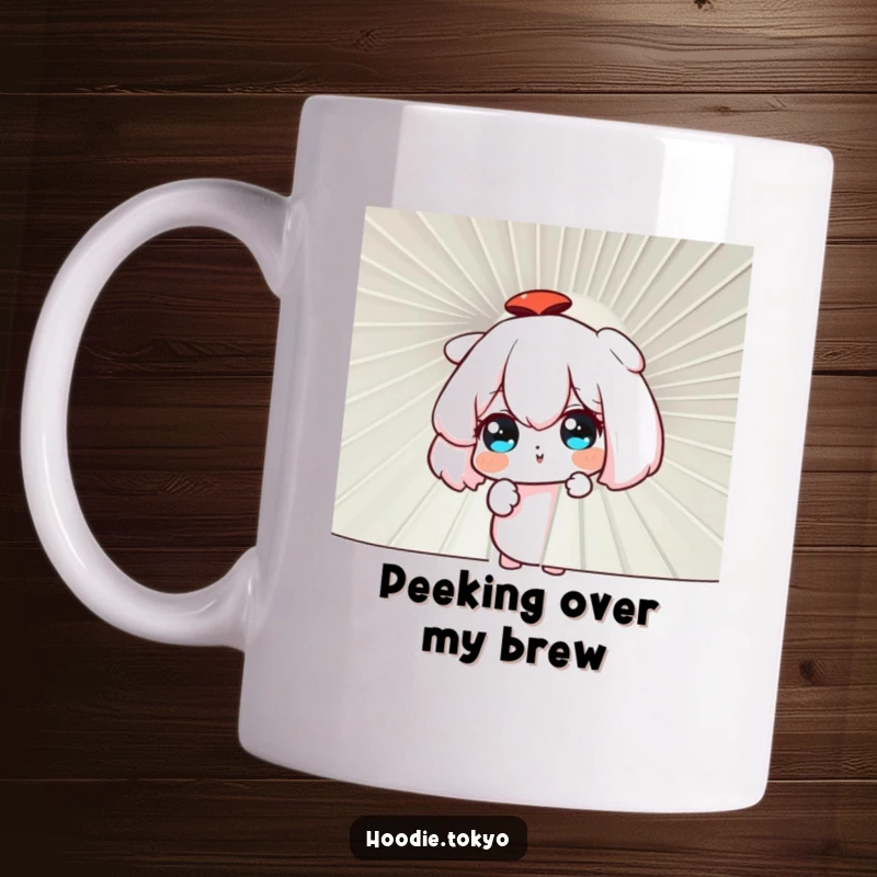 Funny curious character peering with wide eyes through a large decorative fan, anime style, intriguing mug design.