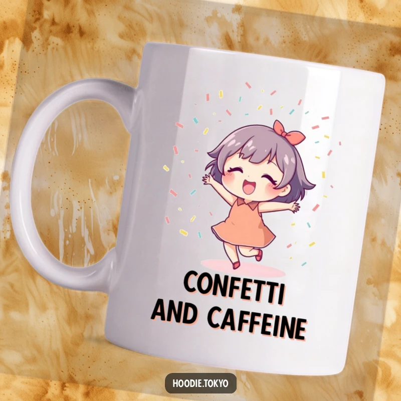 Funny Dancing Confetti Mug with a cute character joyfully dancing amidst a shower of colorful confetti, celebrating happiness.