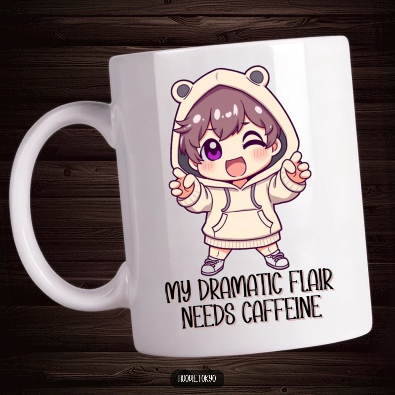 Funny mug showcasing a cute fashionista character in a trendy hoodie, striking an excited, dramatic pose with style.