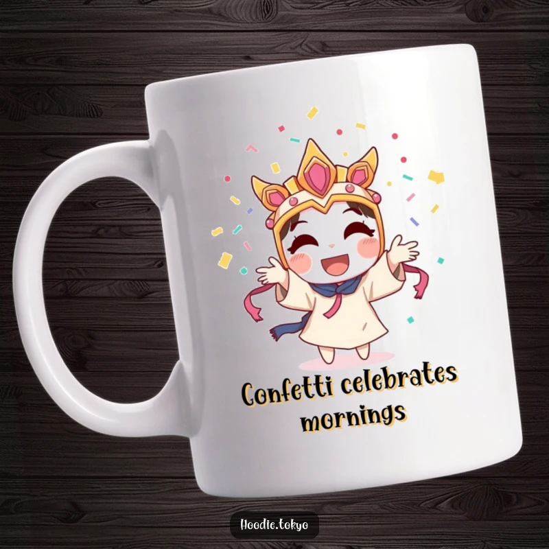 Funny character wearing a festival mask, joyfully throwing confetti into the air, creating a festive and humorous scene.