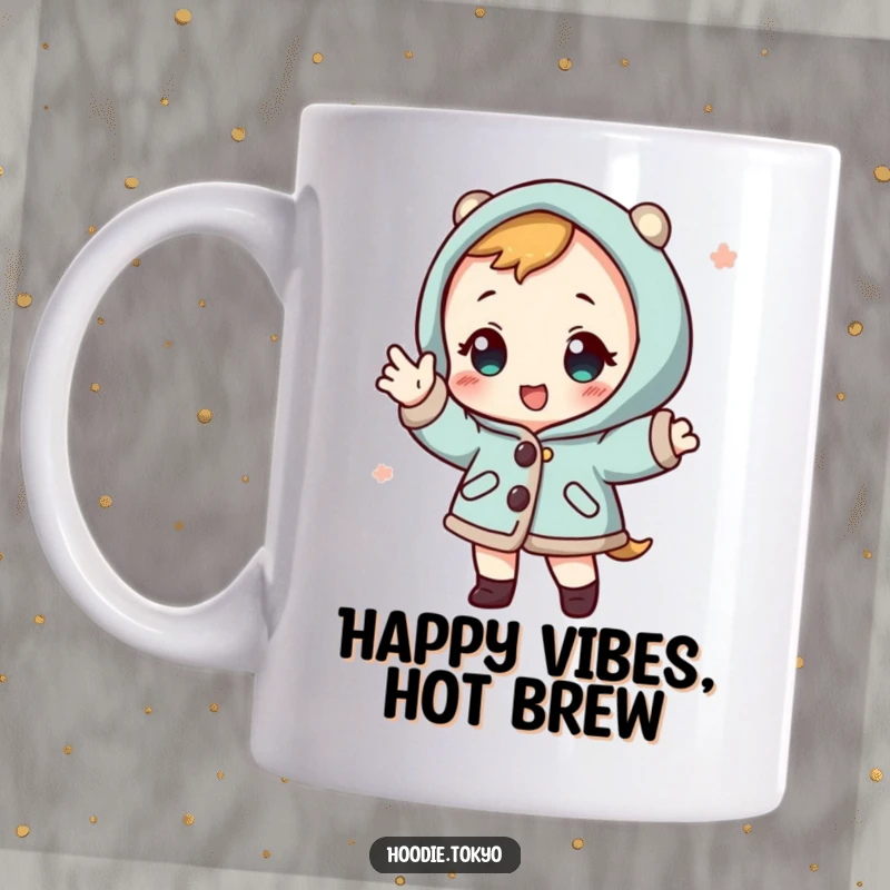 Funny cute character in a traditional Japanese happi coat striking a playful, energetic pose on a mug.