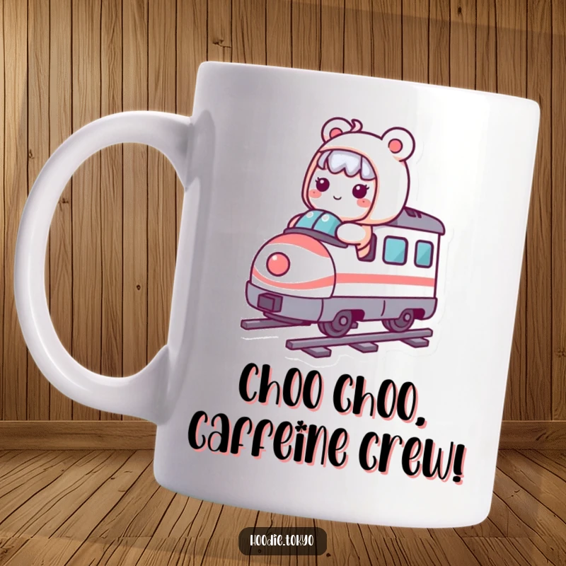 Funny Kawaii character joyfully riding a miniature, whimsical bullet train across a playful landscape, perfect for a chuckle.