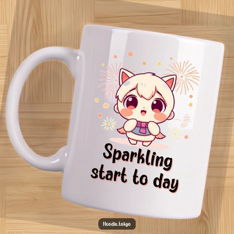 Funny Kawaii character with wide, excited eyes gazing in awe at colorful fireworks exploding in the night sky.