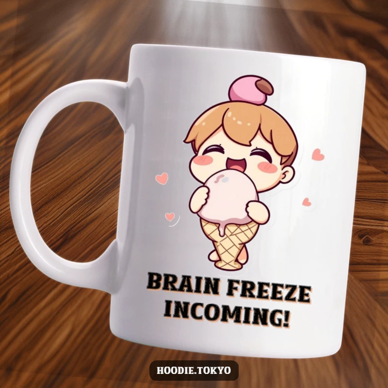 Funny kawaii character mug enthusiastically devouring a massive ice cream scoop, embodying pure joy and sweet indulgence.