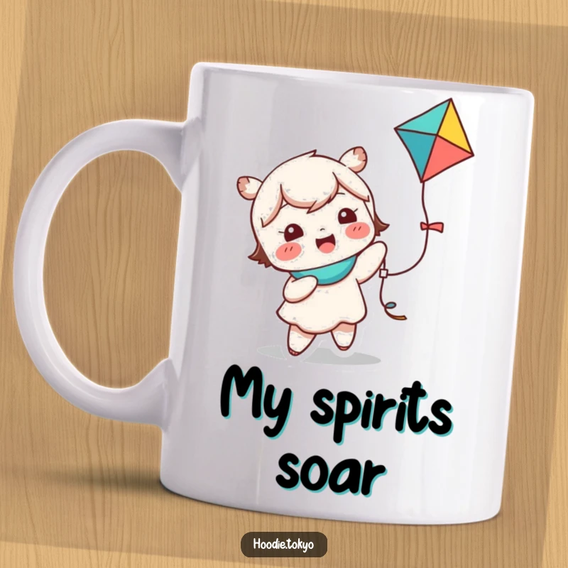 Funny kawaii character mug showing a cute character giggling while holding a colorful kite, embodying playful joy.