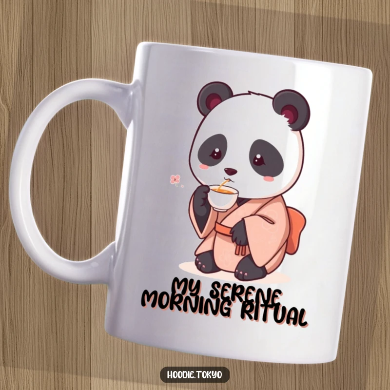 Funny ceramic mug with a round panda wearing a kimono, gently sipping tea from a delicate cup, radiating peaceful enjoyment.