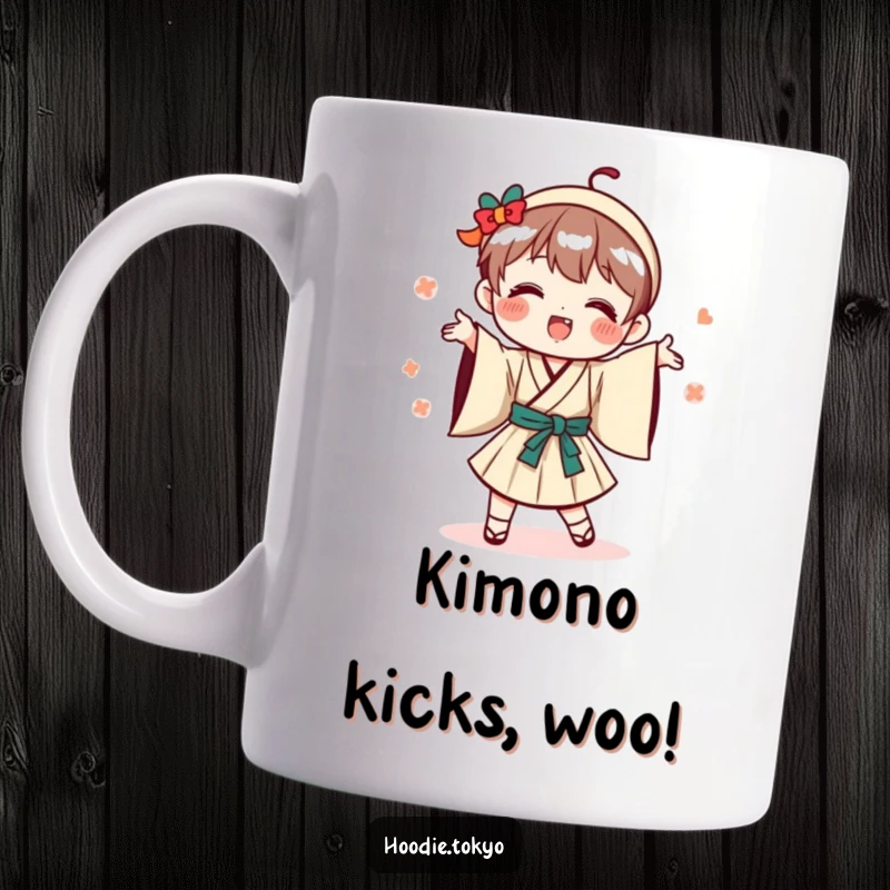 Funny playful Japanese character mug, wearing a traditional outfit and doing a silly dance.