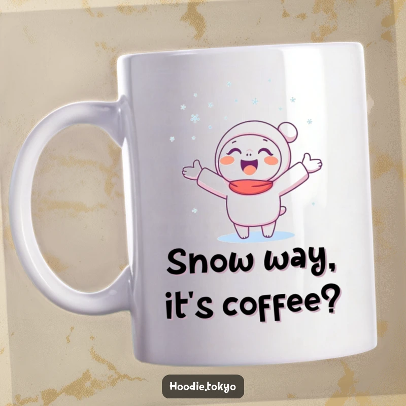 Funny Snow Catcher Mug featuring a happy character joyfully catching falling snowflakes with arms outstretched, embracing winter magic.