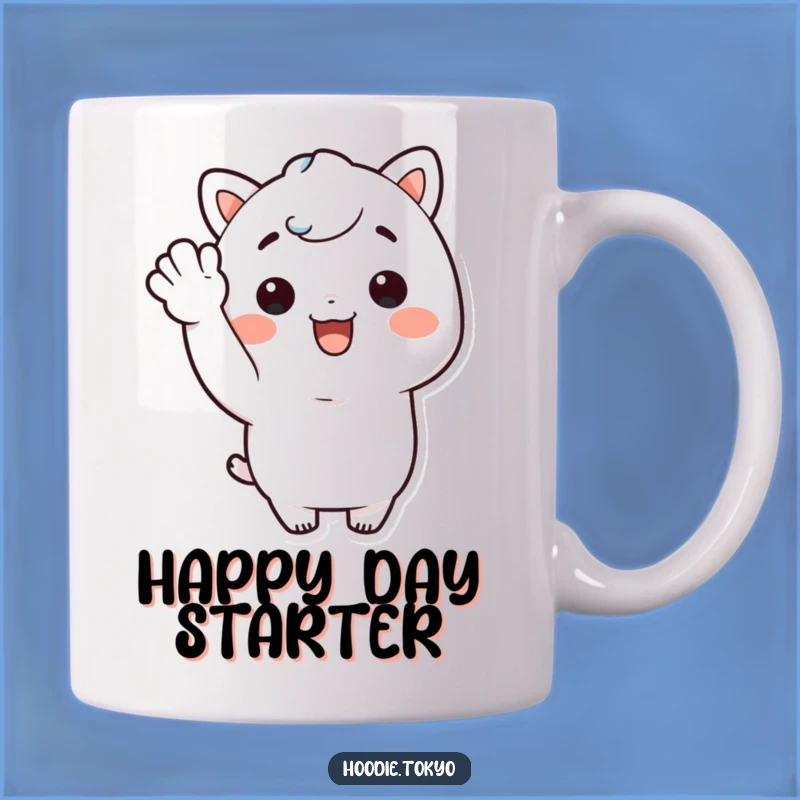 Funny Kawaii Character Mug: Cheerful Wave Greeting, Happy & Hilarious Gift