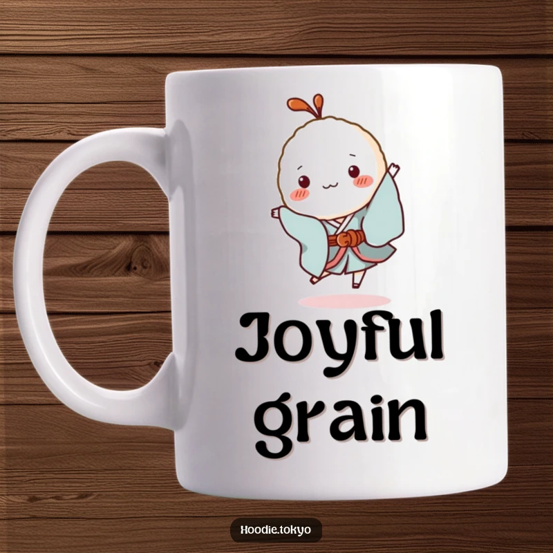 Funny Rice Ball Kimono Mug: A tiny rice ball character in a kimono performs a silly hop, bringing playful energy and humor.