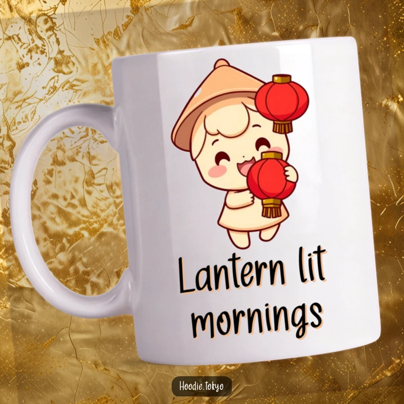 Funny mug with a smiling character in a small conical hat, excitedly holding a vibrant red lantern, symbolizing festive joy and celebration.