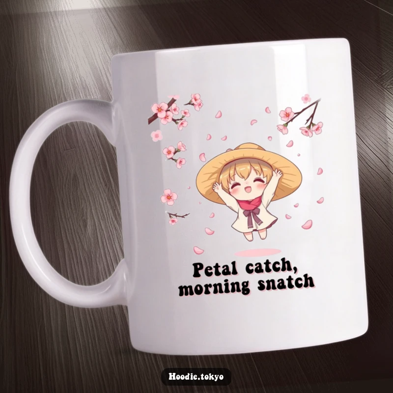 Funny mug showcasing a cute kawaii character in a hat, joyfully attempting to catch delicate falling cherry blossom petals, embodying playful spring delight.