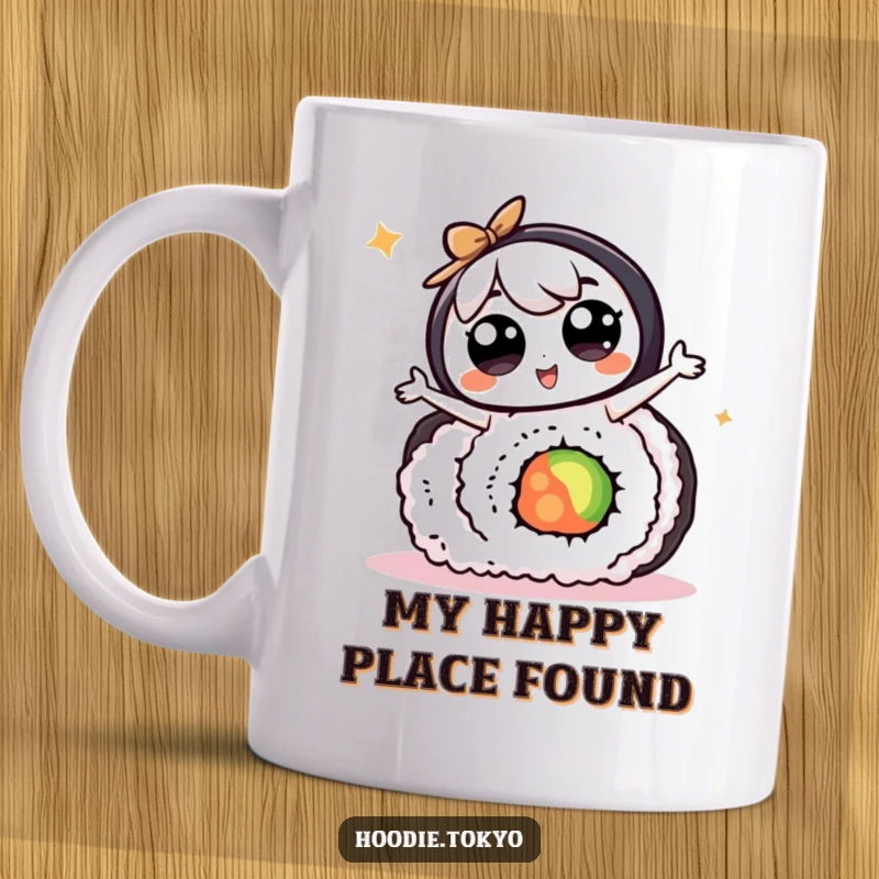 Funny kawaii character with big eyes doing a silly dance on a giant sushi roll, bringing joy and laughter to your day.