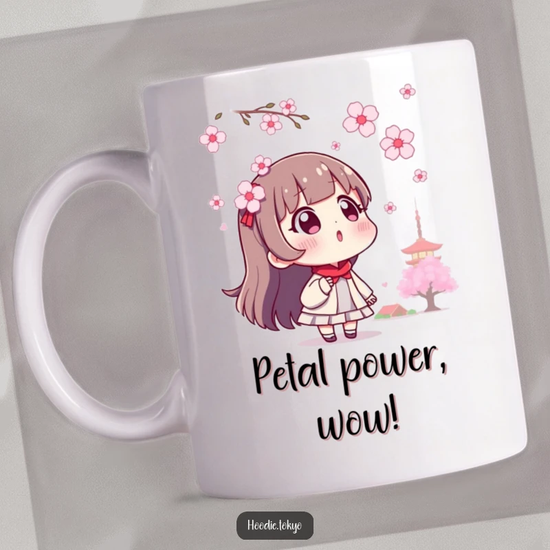 Funny surprised Tokyo character mug with cherry blossoms floating down, showcasing awe and delight.