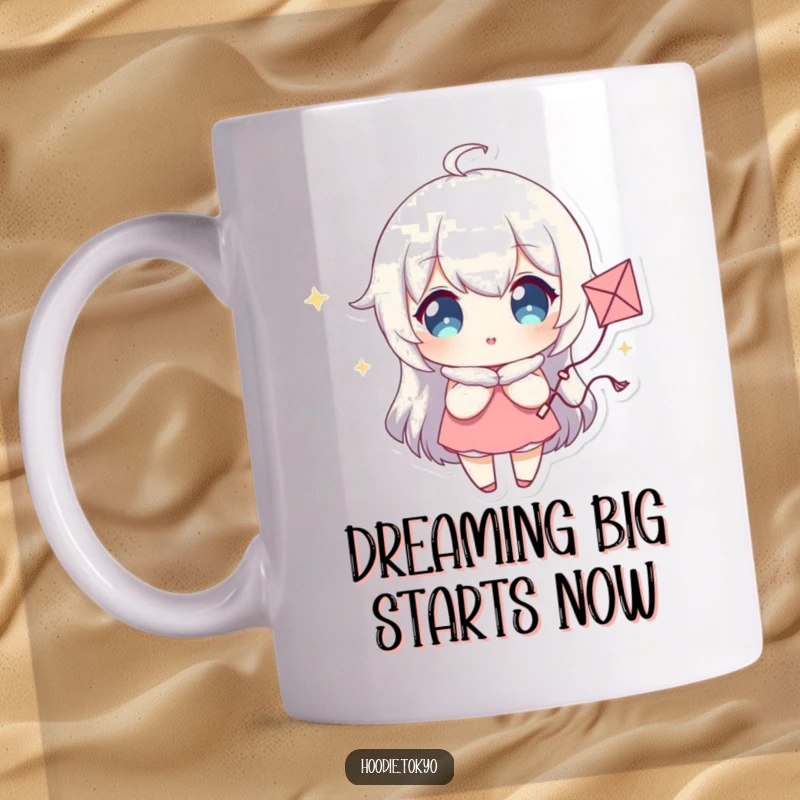 Funny Mug Featuring a Character with Sparkling Eyes Joyfully Holding a Tiny Whimsical Kite, Evoking Dreams and Wonder