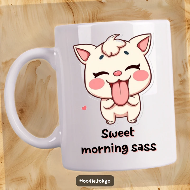 Funny Tongue Out Mug: A mischievous character playfully sticking its tongue out, resembling a piece of delicious candy, full of cheeky fun.