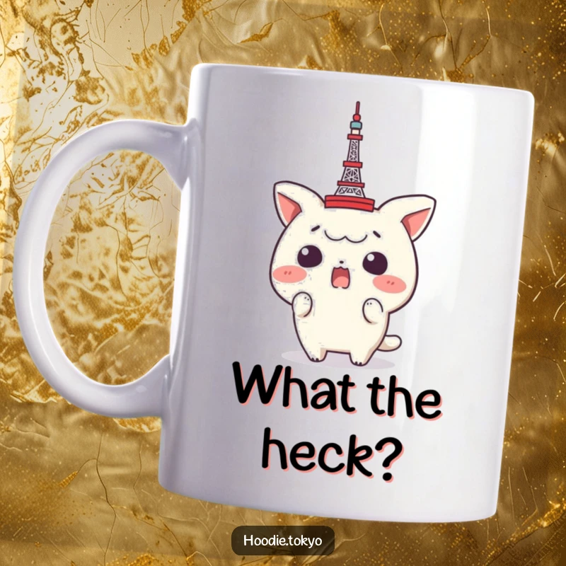 Funny Tokyo Tower Mug: A character with wide eyes and an open mouth, shocked by a miniature Tokyo Tower inexplicably perched on its head.