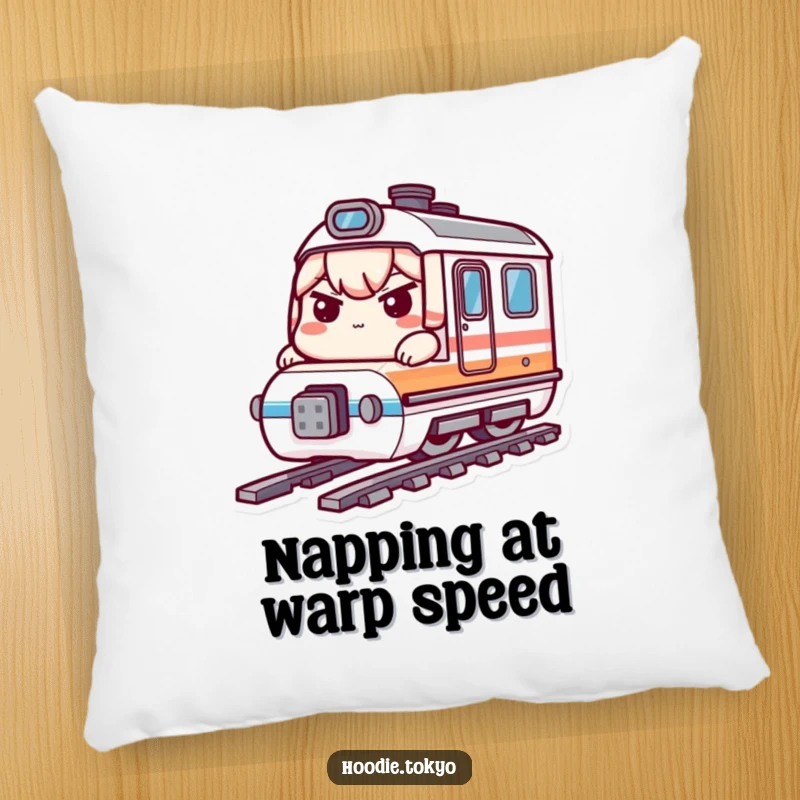 Funny bullet train kawaii pillow with a determined character riding a tiny train, perfect funny gift.