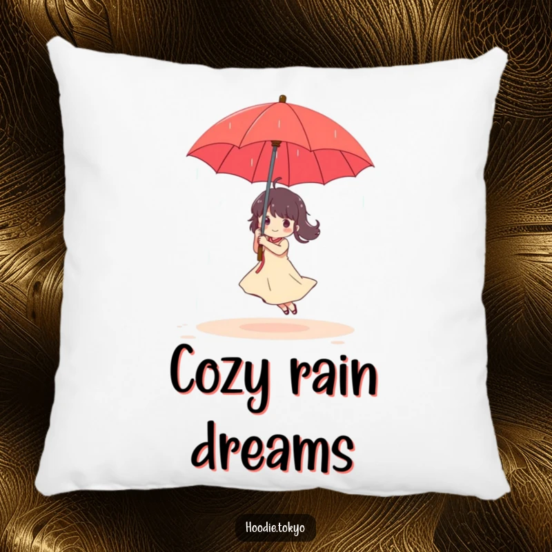 Funny Pillow: Character dancing happily in a gentle rain shower beneath a bright red umbrella, bringing cozy cheer.