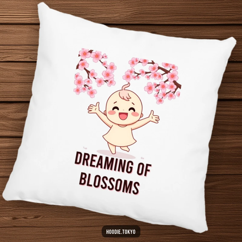 Funny pillow showcasing a character performing a joyful dance beneath delicate cherry blossoms, adding comfort and cheer.