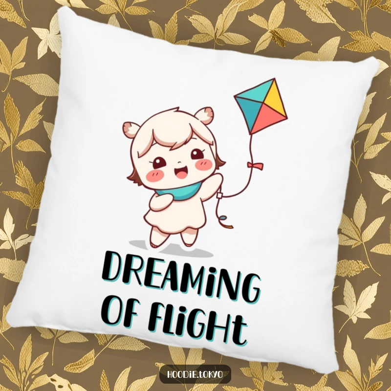 Funny kawaii character pillow featuring a cute character giggling while holding a colorful kite, perfect for cozy comfort.