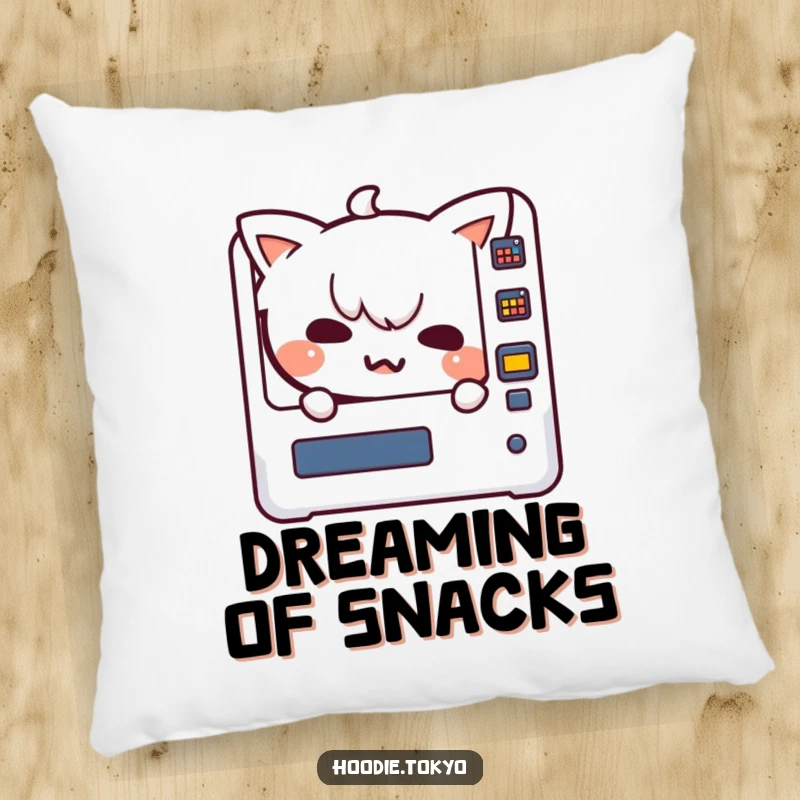 Funny Kawaii character with a mischievous grin peeking from a vending machine on a soft pillow, offering cozy and humorous comfort.
